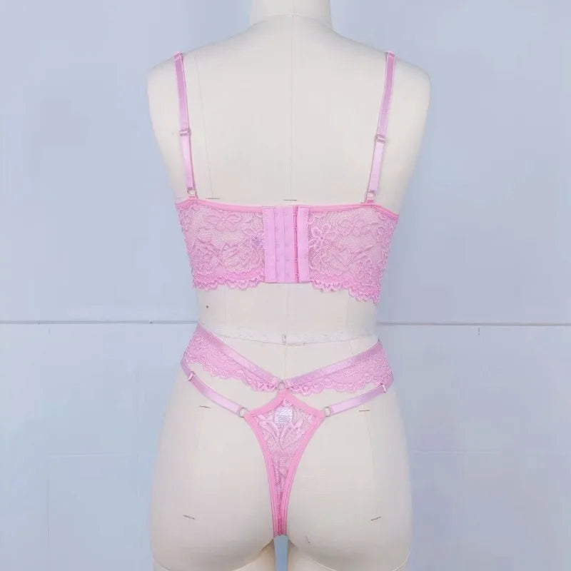 Flirty Beaded Floral Lace Bra & Panty – Sexy Hollow-Out Lingerie Set