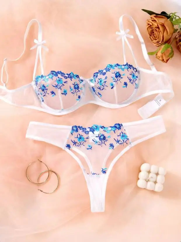 Night Beautiful Sexy Women 2 Piece floral Embroidery Underwear Sexy Erotic lingerie underwear Set