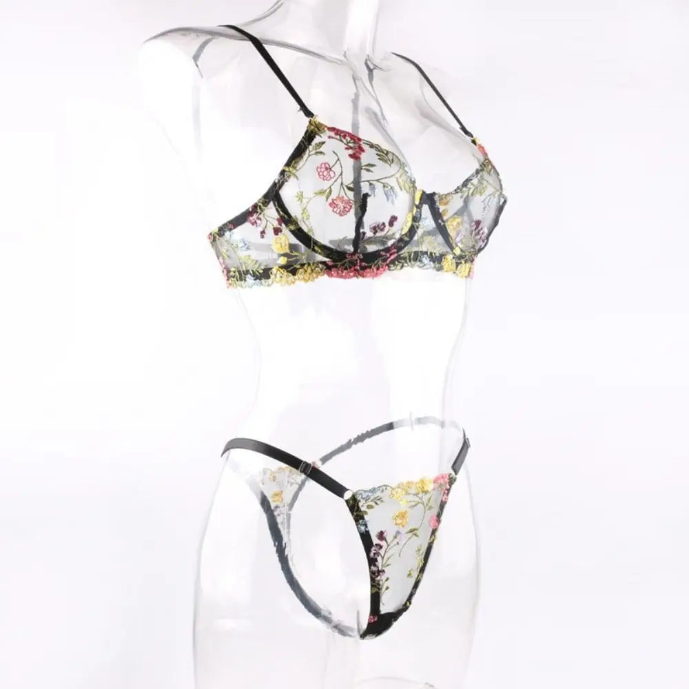 Flirty Sheer Lace Lingerie Set – 2-Piece Floral Bra & Panty for Women