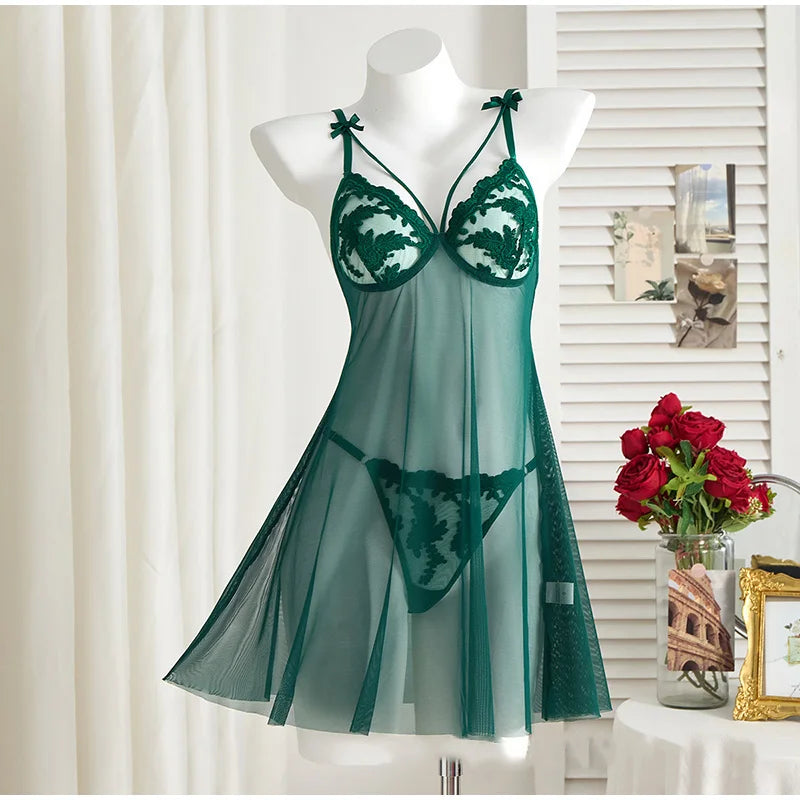 Elegant Wine Red Nightgown – Semi-Sheer Wheat Ear Embroidery & Bow Accent