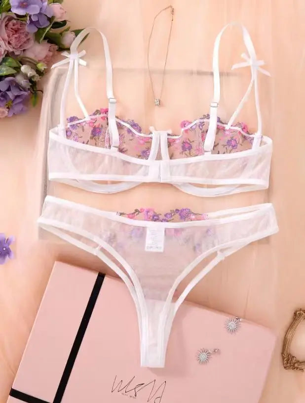 Night Beautiful Sexy Women 2 Piece floral Embroidery Underwear Sexy Erotic lingerie underwear Set