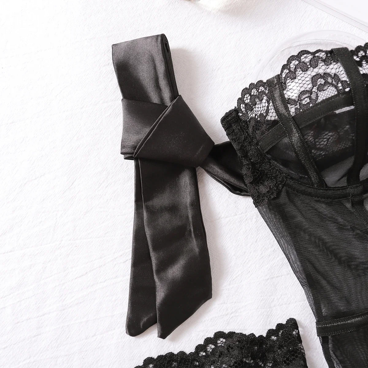 Sugar Midnight Lace Sheer Lingerie Set – Backless Slim-Fit Two-Piece Bodysuit for an Elegant, Curved Silhouette